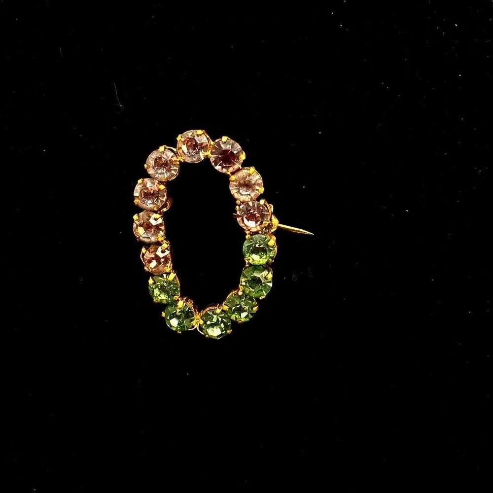 Peridot & Amethyst Rhinestone Brooch Gold‎ Tone Glass Antique Pin Circle Wreath